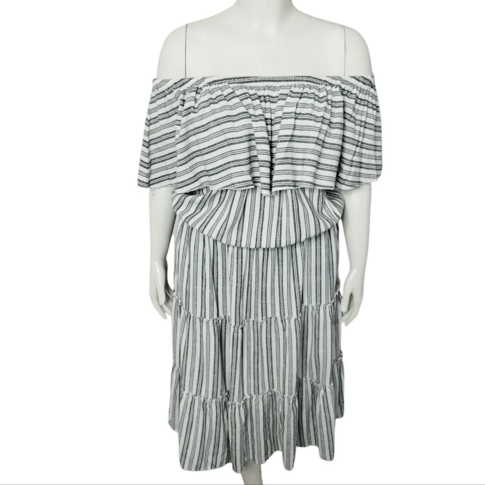 Ashley Womens Linen Euro Summer Beachy Coastal Off Shoulder Striped Tiered Dress